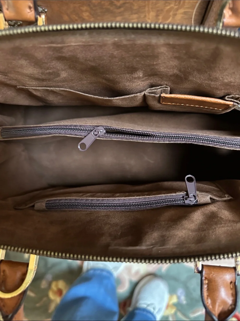 Brown Patterned Dome Satchel Handbag with Tan Trim